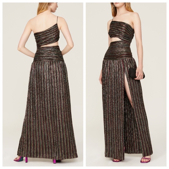 Rebecca Vallance Ronnie Gown One Shoulder Cutout Metallic Maxi Dress - US SIZE 4 - Picture 1 of 12